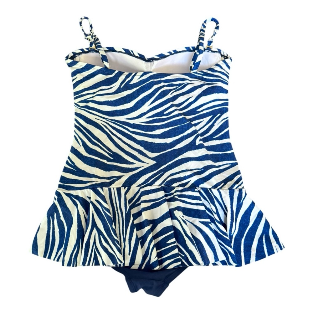 Chaps Skirted Pin Up One Piece Swimsuit Size 16 XL Zebra Print Blue White - Picture 6 of 16